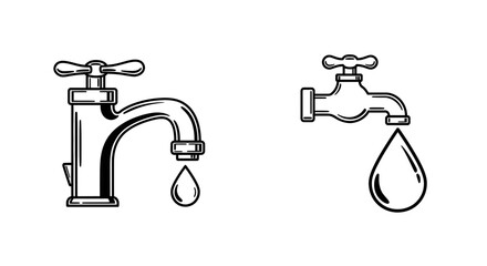 set of faucet, dripping faucet, water droplet
black and white icon vector design with high resolution
