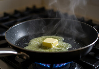 A yellow pat of butter melts and sizzles in a black frying pan over a blue gas flame, releasing steam, on a stovetop