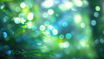 Obraz premium Green foliage and blurred bokeh lights creating a vibrant, abstract natural background.