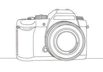 A detailed line drawing of a modern digital singlelens reflex camera with a