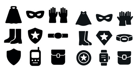 Heroic adventures silhouette icons set – superhero, costume and disguise symbols
