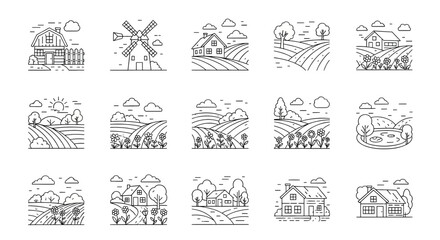 Obraz premium vector, illustration, Country landscape icons, vector thin line style,in black and white 