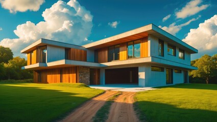 Modern house with contemporary design, wooden accents, large windows, and spacious yard under a partly cloudy sky.