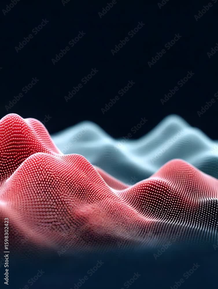 Poster digital abstract landscape glowing with red and blue waveform dots forming smooth futuristic terrain