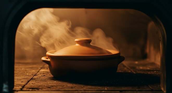 A terracotta pot with a lid emits steam inside a hot oven, suggesting freshly baked or cooked food, against a warm, blurred background.