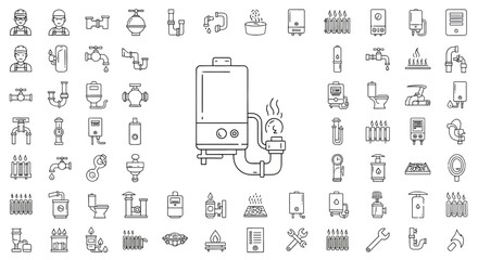 Heating and plumbing line icon set. Plumber, pipe, boiler, tap, meter, toilet, heated floor, gas wrench and more. Outline vector icon in linear style. Pictogram collection
