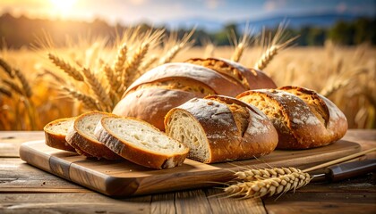 Fresh loaves of bread on a rustic wooden board amidst golden wheat