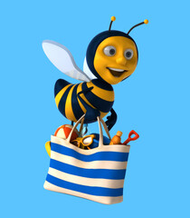 Fun 3D cartoon bee with a beach bag