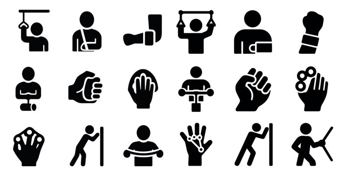Physical therapy silhouette icons set – exercise, rehab, healthcare symbols