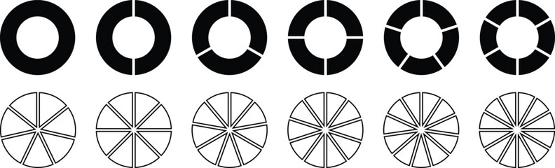 Circle pie chart, Circle divides on 1 to 12 equal parts. black pie Infographic element round shape.  Infographic wheel segment and fraction. Vector isolated on white background.