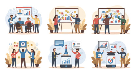 Fototapeta premium Growth and startup concept illustrations. Set of people vector illustrations in various activities of business, marketing, strategy, planning, data analytics, startup, launch product, success. 