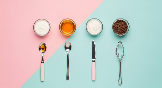 A minimalist flat lay showcases baking ingredients and utensils, including yogurt, honey, cocoa powder, spoons, a knife, and a whisk, arranged on a dual pink and blue background.
