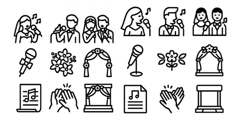 Obraz premium Wedding celebration line icons set – outline, linear, marriage and party symbols