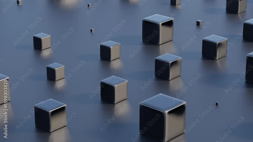 Poster black 3d minimal abstract background with cubes of varying sizes aligned in rows – seamless loop ani