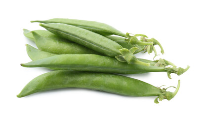 Pile of fresh green pea pods isolated on white