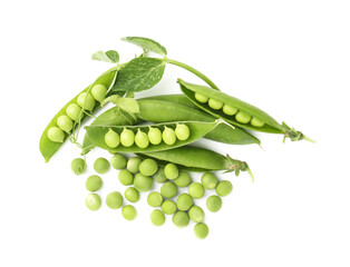 Fresh green peas in pods and sprout isolated on white, top view