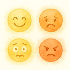 Fototapeta premium Four watercolor-style circular emoticons display different emotions: happy, sad, worried, and angry, in shades of yellow and orange.