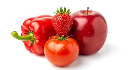 A vibrant red apple, a ripe tomato, a fresh strawberry, and a bell pepper are grouped together on a clean white background, showcasing colorful produce.