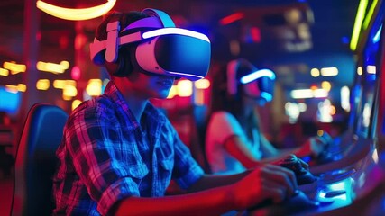 Immersive VR gaming experience in vibrant arcade setting - Powered by Adobe