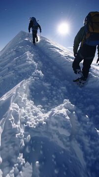 Two climbers ascend snowy mountain ridge under bright sunlight and clear blue sky, showcasing adventurous cold winter climb