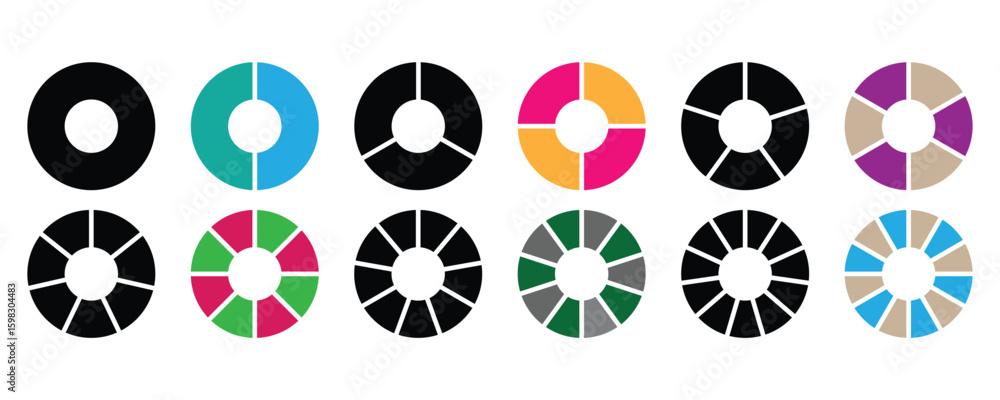 Poster circle division pie charts infographic icon set. collection of colorful diagrams. different color ci