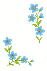 A delicate watercolor-style illustration features two sprigs of forget-me-not flowers with bright blue petals and yellow centers, arranged in opposite corners against a white background.