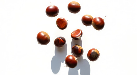 A group of glossy brown chestnuts is scattered with a soft drop shadow on a bright white surface.