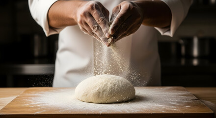 Chef's Hands Dusting Flour on a Dough Ball Culinary Art and Food Preparation