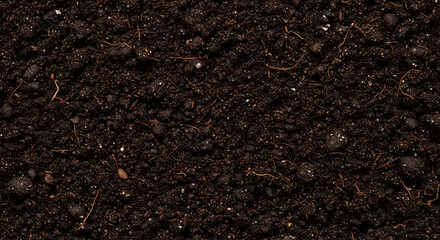 Rich dark soil texture, a fertile earth background for gardening or agriculture.