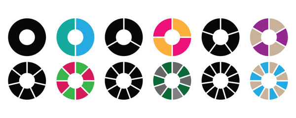 Circle division pie charts infographic icon set. Collection of colorful diagrams. Different color circles isolated. Infographic element round shape. Vector illustration isolated on white background. 