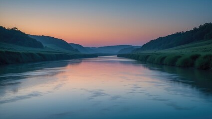 Fototapeta premium Sunset over a river with lush green banks and a calm water surface, scenic landscape, tranquil environment, and natural beauty.