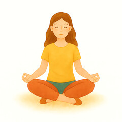 A cartoon illustration shows a serene woman with brown hair sitting cross-legged in a yoga or meditation pose with her eyes closed and hands resting on her knees.