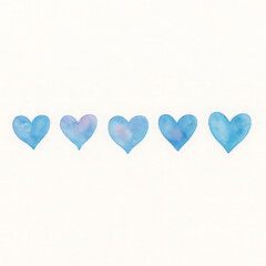Five watercolor-style light blue hearts with subtle variations in tone are arranged in a horizontal row on a textured white background.