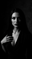 A dramatic black and white portrait of a woman with long dark hair, casting deep shadows on her face and accentuating her features.