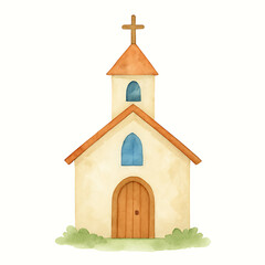 A charming, simple illustration of a small church with a light beige facade, orange roof, brown door, blue arched windows, and a cross on top, set against a white background.