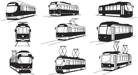 set of Tram city vehicle silhouette black and white vector illustration isolated on a white background
