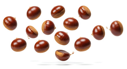 A scattered arrangement of glossy brown chestnuts, some with their shells partially open, floats against a plain white background.