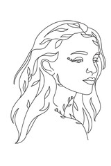 A minimalist line art illustration depicts a woman's profile with flowing hair intertwined with delicate leaves and vines.