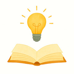 A whimsical illustration shows an open book with bright yellow pages below a glowing yellow light bulb emitting rays, symbolizing knowledge and ideas.