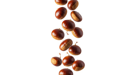 A vertical stream of glossy brown chestnuts falls against a clean white background, creating a dynamic food visual.