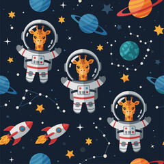 Adorable giraffes in spacesuits, perfect for children's books, textile prints, or space-themed designs.