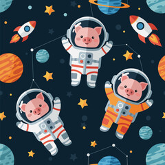 Cute pigs in astronaut suits floating in space, perfect for children's books, textiles, or websites.