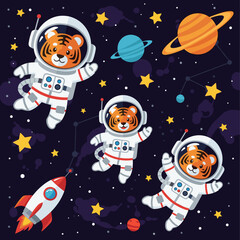 Cute tiger astronauts floating in space, perfect for children's books, websites, or educational materials.