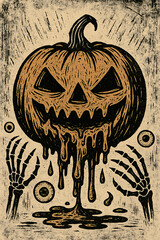A creepy, melting jack-o'-lantern with sinister eyes and dripping pulp is flanked by skeletal hands and floating eyeballs, depicted in a distressed, linocut style.