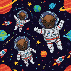 Cute Bison Astronauts in Space: Seamless Pattern for Kids' Products
