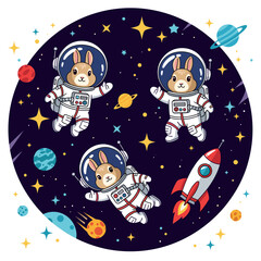 Cute rabbits in spacesuits floating in space, perfect for children's books, websites, or apparel.