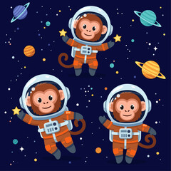 Cute monkeys in astronaut suits floating in space, perfect for children's books, websites, or apparel.