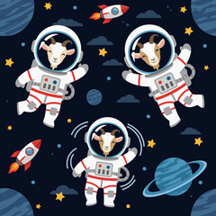 Cute goats in astronaut suits floating in space, perfect for children's books, textiles, or websites.