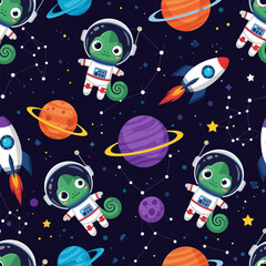 Cute Chameleon Astronauts in Space: Seamless Pattern for Kids' Products