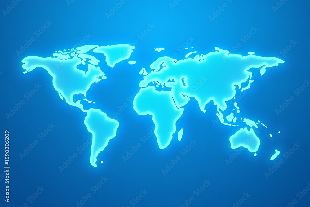 Poster glowing blue world map outline on a gradient blue background showing continents and oceans in a simp